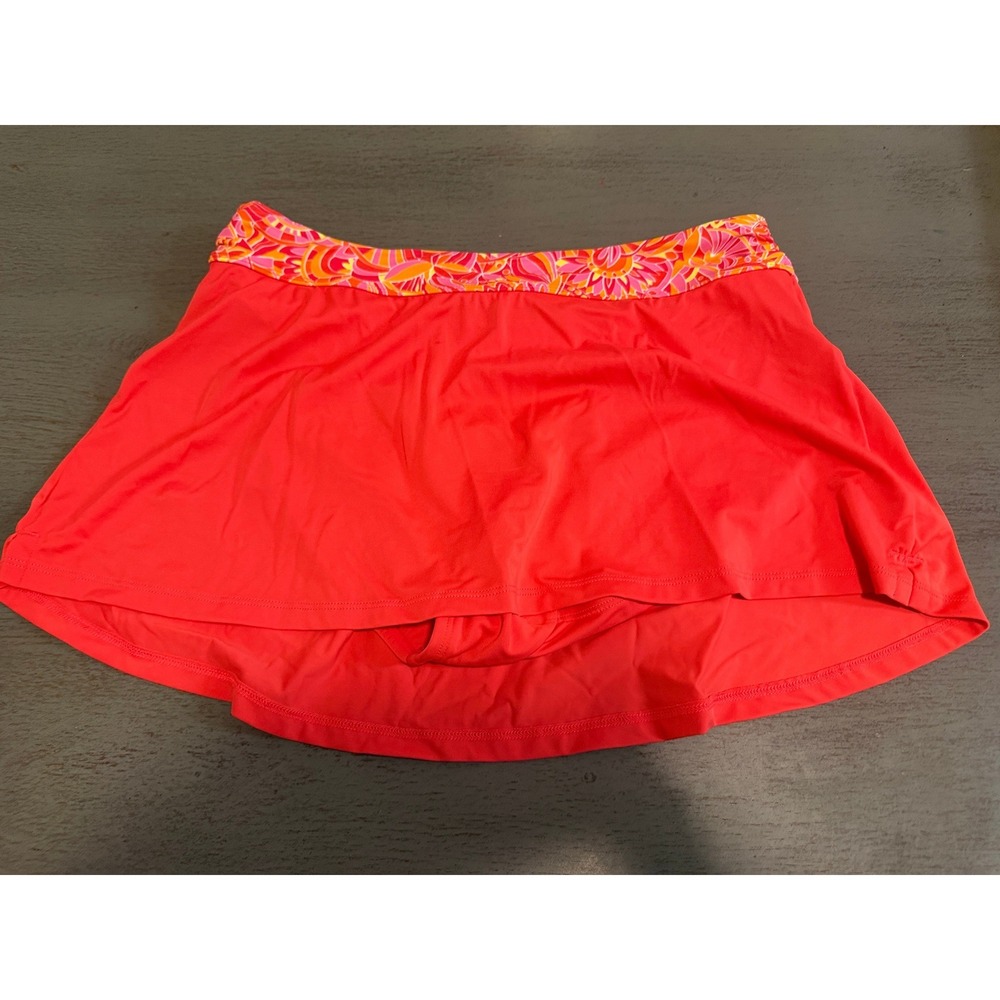 LL Bean Swim Skirt Coral Red Floral Waistband UPF 50 Size 12 Reg 287668